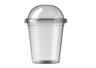 Clear plastic cup with a domed lid on a black backdrop