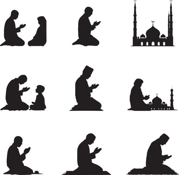 Muslim family prayer and mosque silhouettes islam