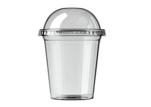 Clear plastic cup with a domed lid on a black backdrop