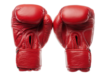 Pair of red leather boxing gloves, palms up