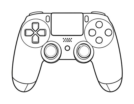 Black and white line art illustration of a gamepad controller, symmetrical and detailed