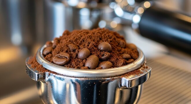 Coffee grounds and beans in portafilter for espresso preparation