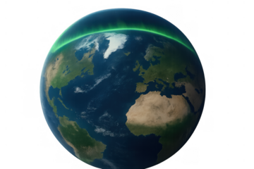 Earth globe showing glowing aurora borealis at night over northern hemisphere, transparent background
