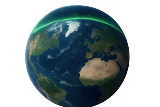 Earth globe showing glowing aurora borealis at night over northern hemisphere, transparent background - Powered by Adobe