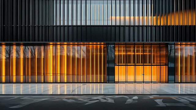 Modern building facade with geometric design and warm orange light patterns creating a striking