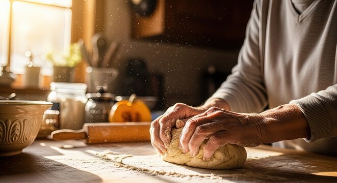 Hands kneading dough on a wooden table dusted with flour, with a rolling pin and a small pumpkin in the background