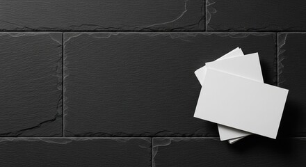 Professional branding identity mockup featuring a stack of blank white paper business cards resting on a textured black slate surface