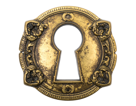 Ornate antique brass escutcheon with keyhole, elaborate design