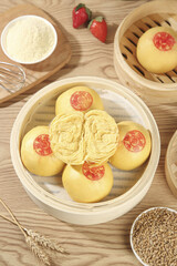 Handmade Chinese Steamed Buns with Noodles in Bamboo Steamer Traditional Dim Sum Making Process