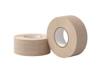 Two beige fabric tape rolls, isolated on black