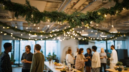 Obraz premium Office decorated with garlands and lights team enjoying holiday gathering