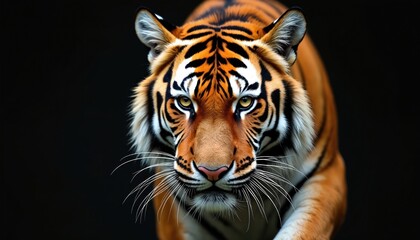 Fototapeta premium Fierce tiger prowls forward with intense gaze and striped fur. This majestic predator showcases raw power and wild beauty. Big cat hunts in natural habitat, representing conservation needs.