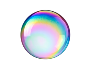 Iridescent sphere floating against a black backdrop, reflecting multiple hues