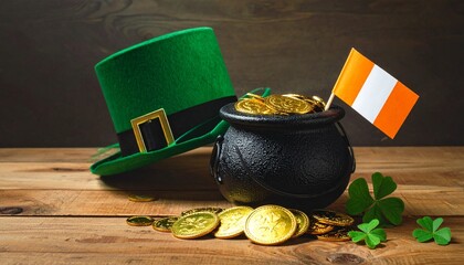 St. Patrick’s Day scene with green leprechaun hat, black pot of gold coins, Irish flag, and shamrocks on wooden surface against dark background.