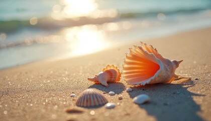 Seashells rest on sandy beach near ocean surf. Sun reflects on wet sand and shells. Peaceful natural seaside backdrop perfect for summer themes.