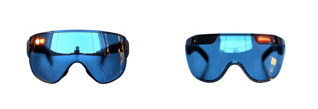Pair of futuristic blue mirrored ski goggles, isolated on transparent background