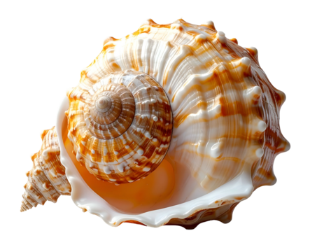 Close-up of a spiral-shaped seashell with intricate texture and warm colors