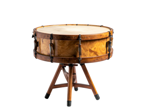 Antique drum with wood grain, snare stretched, on a wooden tripod stand