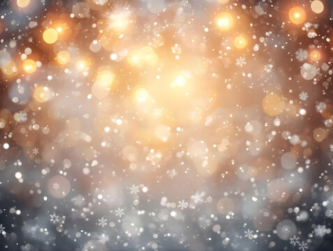 Elegant festive background with sparkling golden bokeh lights and soft falling snowflakes, creating a magical winter wonderland atmosphere, ideal for seasonal celebrations and greeting cards
