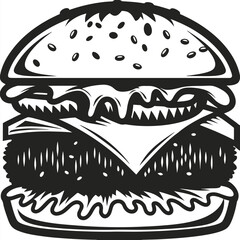 Appetizing black and white drawing showcases a hearty burger with melted cheese