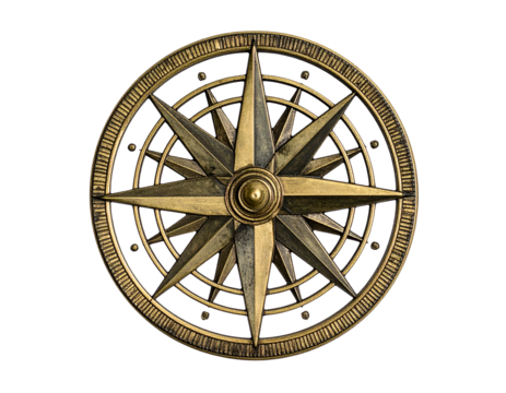 Golden compass rose, detailed metalwork, centered on black