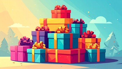 Vibrant and colorful stack of wrapped presents with ribbons  Illustration of a festive pile of gifts overflowing with joy and surprises