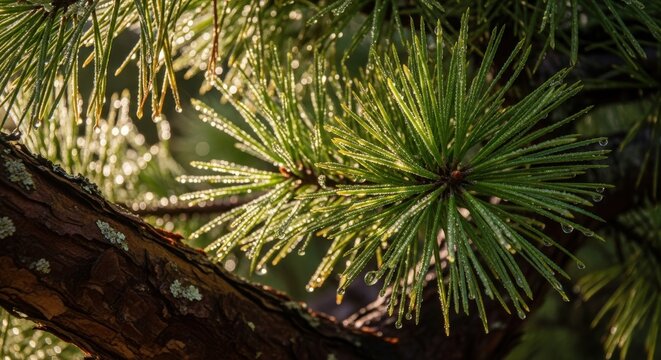 Close-up of lush green pine needles covered in glistening morning dew droplets, illuminated by soft sunlight in a tranquil forest setting