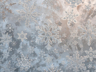 Close-up of intricate crystalline snowflakes layered on a frosty, shimmering surface, creating a beautiful winter background texture with delicate icy patterns