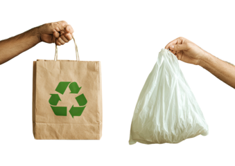 Hands holding paper bag with recycle logo & plastic bag