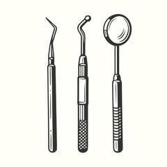 Dental examination tools meticulously line up, forming a stark black and white composition