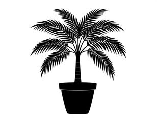 Black silhouette of a potted palm tree with spiky leaves, centered on a white background