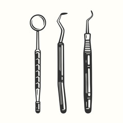 Dental hygiene tools consisting of a mirror and two picks on a white background