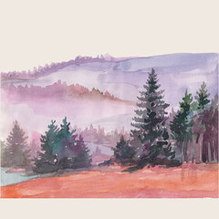 Autumn landscape in the mountains, watercolor