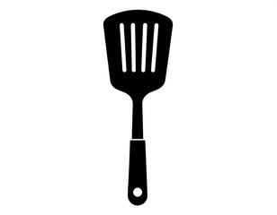 Black silhouette of a slotted kitchen spatula, center aligned, on a white background