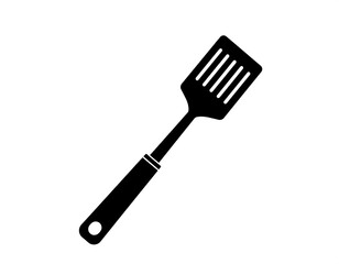 Black silhouette of a slotted spatula, kitchen utensil, diagonally across plain background