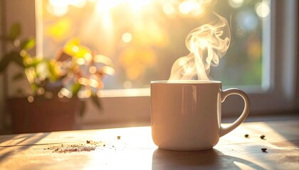 Steaming White Coffee Mug on Wooden Table with Morning Sunlight Through Window and Green Plant Blurred Background
