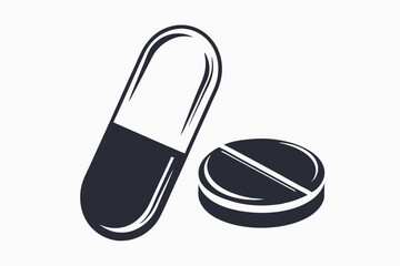 Black and white medicine icon depicting pill and capsule, representing healthcare treatment