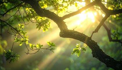 Sunlight Filtering Through Green Leaves and Tree Branches on a Bright Sunny Day in a Forest
