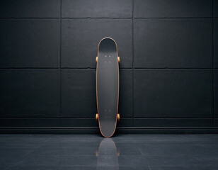 A minimalist, clean skateboard with black grip tape and orange details, placed upright against a dark, tiled charcoal wall and reflective floor in a dramatic studio setting.