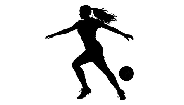 Black silhouette of a female soccer player dribbling a ball. She runs with arms out, ponytail flowing, and cleats visible. Dynamic, athletic image
