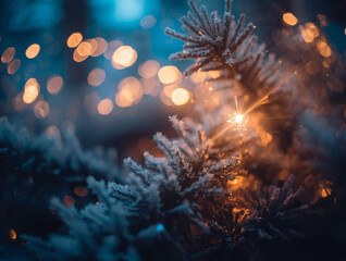 Fototapeta premium Winter Sparkle Frost-Kissed Pine Branch with Festive Bokeh Lighting