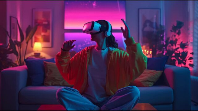 Woman Meditating in Virtual Reality Headset in Neon Lit Living Room, Experiencing Metaverse or Digital Wellness