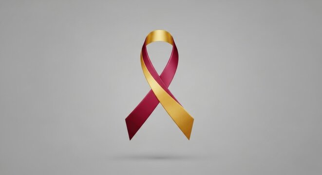 A gold and burgundy two-tone awareness ribbon, symbolizing Head and Neck Cancer, isolated in a 3D illustration on a grey background.