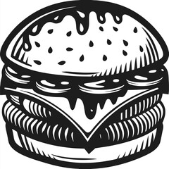 Detailed burger drawing features sesame seed bun, cheese, meat, and dripping sauce