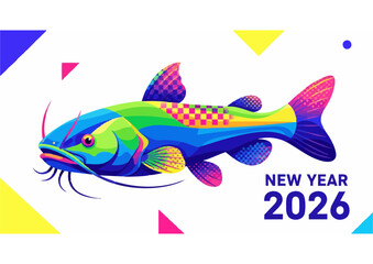 Stylized colorful fish character on a light blue background, vector illustration 