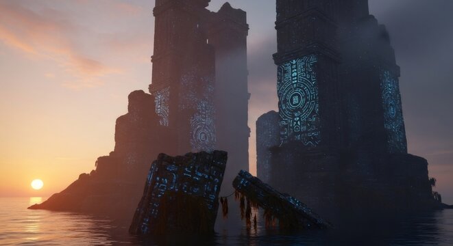 Ancient monolithic structures featuring glowing alien symbols emerging from the water at sunset in a mysterious, sci-fi landscape.