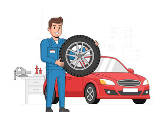 Friendly cartoon mechanic in a blue uniform holding a car tire next to a red vehicle in a garage.