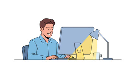 Young man working on a desktop computer at his desk with a lamp providing light.