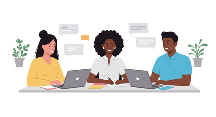 A diverse team of colleagues collaborating and working together on laptops in a modern office environment.