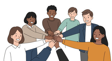 Diverse group of multicultural people stacking hands together in a symbol of unity, teamwork, and support.